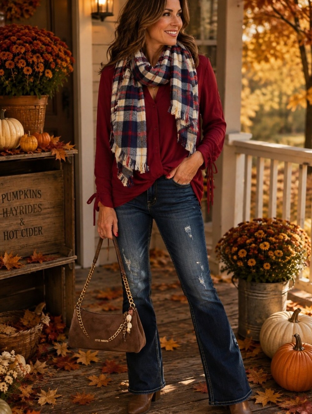 Shinestar Burgundy Crop Twist-Front Long-Sleeve Blouse - Size L